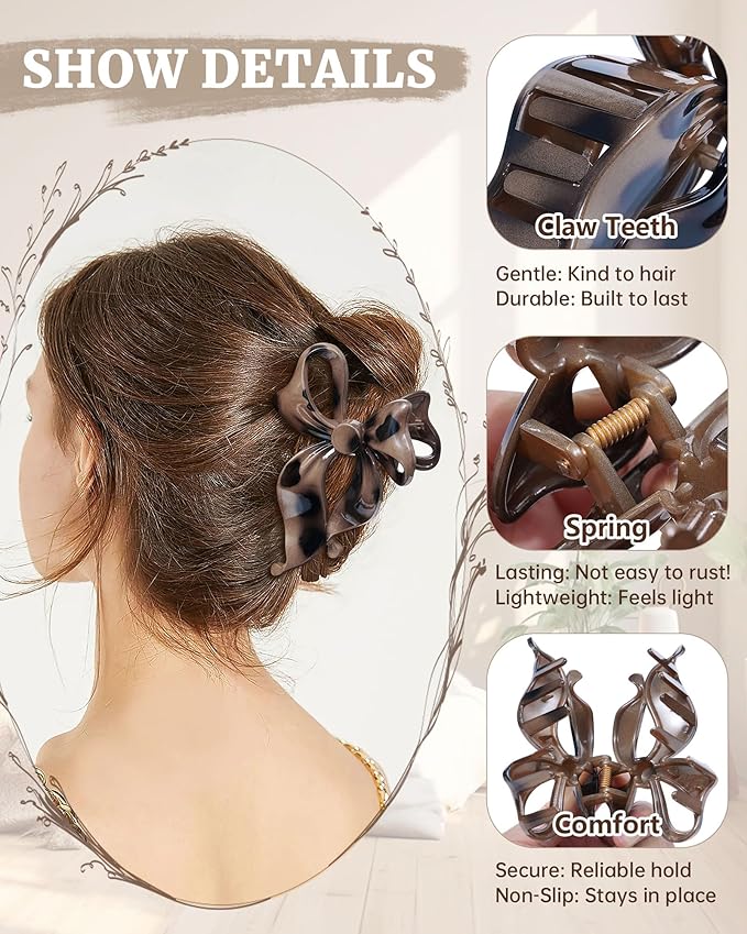 Mesovor 4 pack Cute Bow Claw Clip for Women, Nonslip Large Matte Strong Hold Bows Hair Clips for Thin and Thick Hair | Chic Hair Styling Accessories (Caramel Color)