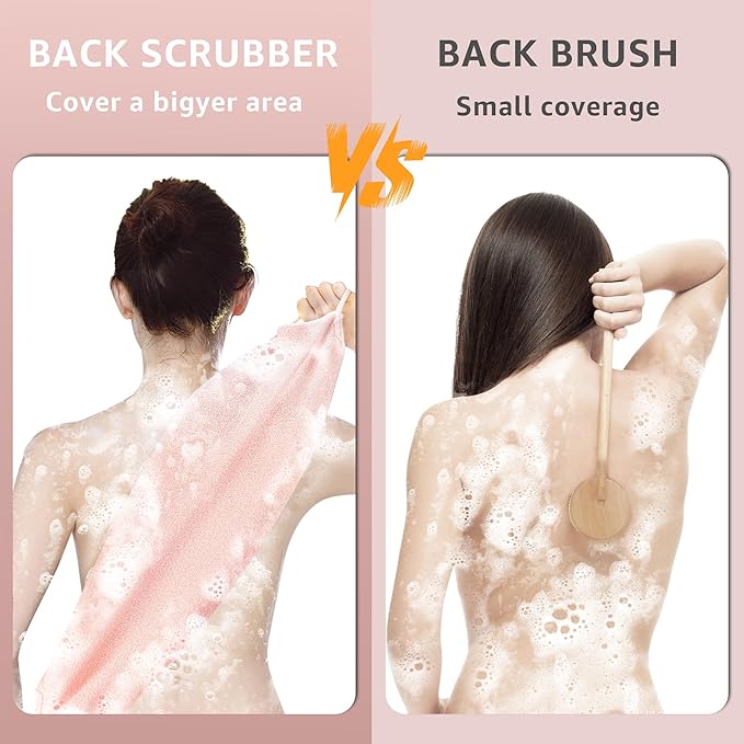 Extended Exfoliating Back Scrubber with Handles, Nylon Cleaning Exfoliator Washcloth for Body, Stretchable Pull Strap Soft Quick-Drying Rough Scrub Towel, Pink