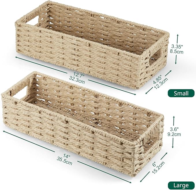 dreamkey Nesting Paper Rope Storage Baskets for Organizing with Handles - Small HandWoven Toilet Paper Basket for Back of Toilet Tank Top - Decorative Storage Baskets, 14 Inch