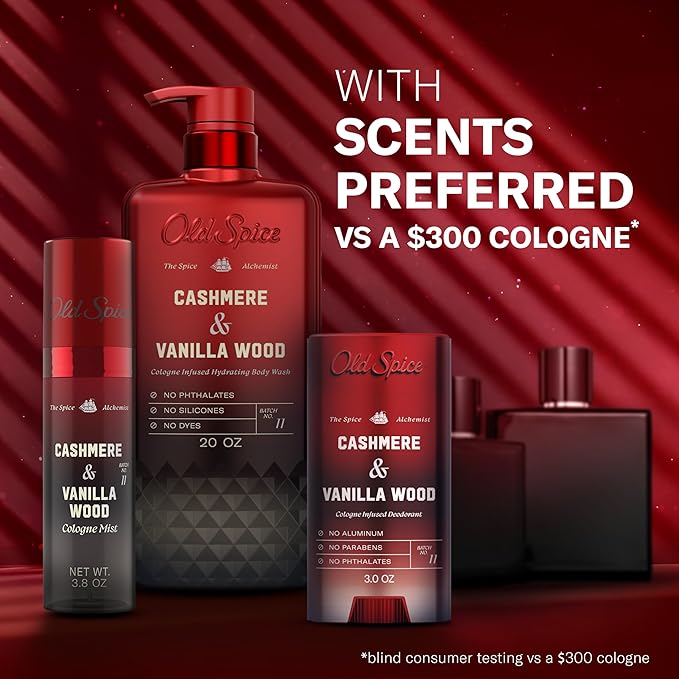 Old Spice Body Wash for Men, The Spice Alchemist Collection, 24/7 Cologne Infused Hydration, No Trade Off Formula, Free of Phthalates Silicones & Dyes, Cashmere + Vanilla Wood Scent, 20 oz