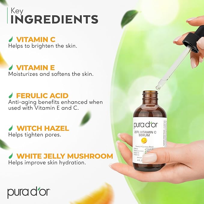 PURA D'OR 20% Vitamin C Facial Serum 4 Oz Antioxidant Blend w/Retinol, Hyaluronic Acid, Vitamin E, Ferulic Acid - Hydrating Lightweight Skincare Formula - Men Women Daily Use After Bath Oil Skin Care