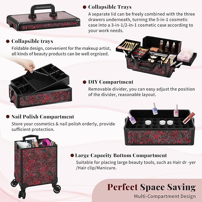Profesional Rolling Makeup Train Case with Lid, 5 in 1 Cosmetology Case on Wheels, Large Cosmetic Trolley Organizer Travel for Hairstylist Artist Nail Beauty Salon Barber, Red