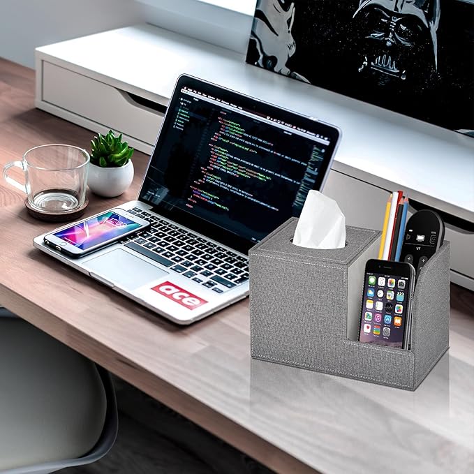 Square Tissue Box Cover Organizer,PU Leather Cube Tissue Box Holder with 2-Compartment Storage Box,Tissue and Remote Control Holder,Decorative Tissue Box Bedroom NightStand Office Tabletop,Grey