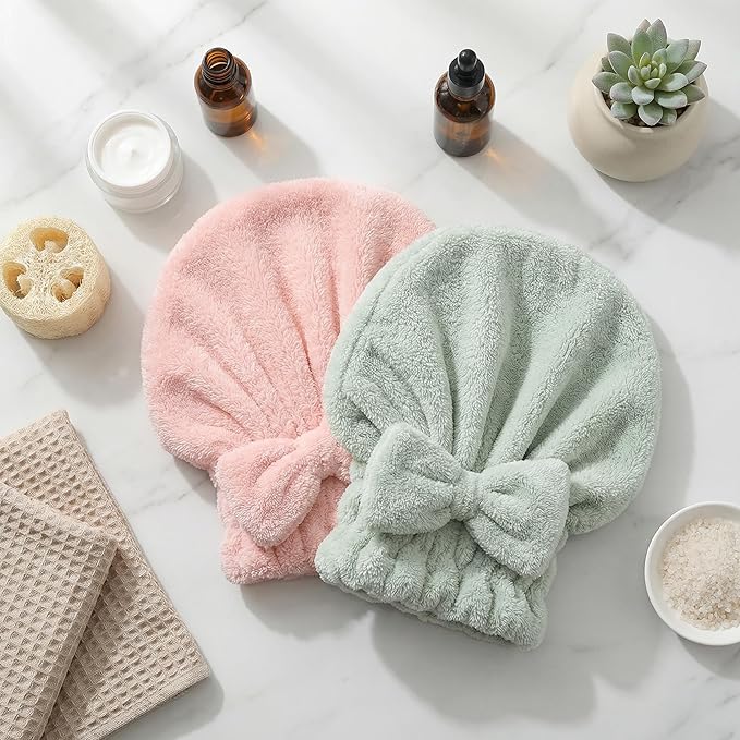 Microfiber Hair Towel for Travel, Quick Drying Hair Turban with Bow, Super Absorbent Anti Frizz Hair Wrap for After Shower, Lightweight Hair Cap for Women Curly Thick Hair (One Pink + One Green)
