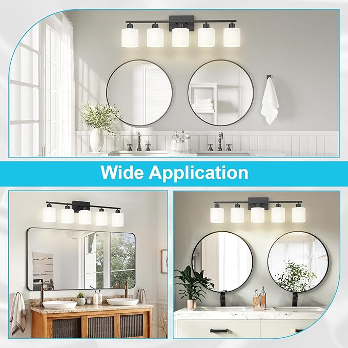 Bathroom Black Lighting Fixtures Over Mirror, Anti-Rust 5-Light Bathroom Vanity Lights,Milky White Glass Shades