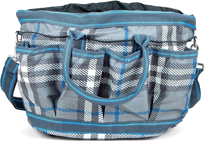 Jeffers Poplar Head Grooming Bag – Horse Grooming Organizer Tote with Pockets for Brushes, Tools, Clippers, Shampoo, Detangler – Stable Barn Kit Carrier for Horses, Pets, Hamilton Blue & Slate Plaid
