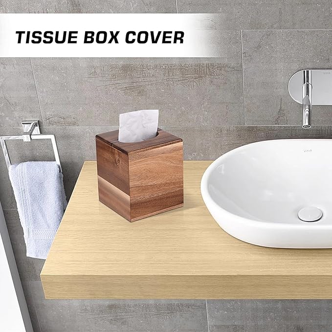 Tissue Box Cover Square, Acacia Wood Tissue Box Holder with Slide-Out Bottom, Wooden Tissue Box Cover Cube for Bathroom, Bedroom, Dinner Table, Office,Kitchen