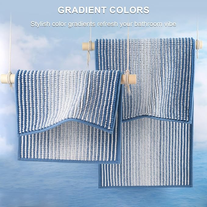 BSICPRO Bathroom Rugs and Mats Sets, 2 Piece Thick Absorbent Chenille Bath Mat Rug Set Non Slip, Soft Shaggy Bath Room Floor Mats for Bathroom, Machine Washable (Sky Blue, 24" x 70" Plus 20" x 32")