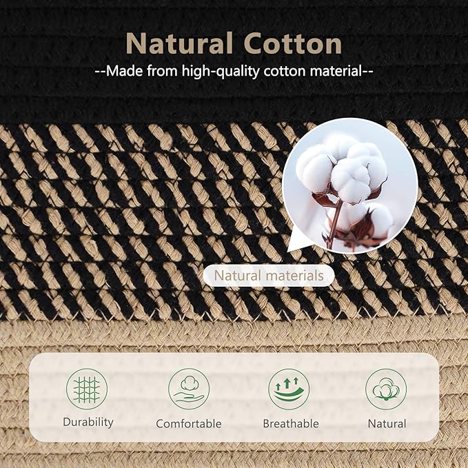 Cotton Rope Storage Basket, 15x10x9 Inches, Woven Basket for Shelves, Clothes, Towels, Books, and Laundry, Gradient Black/Brown (3 Pack)