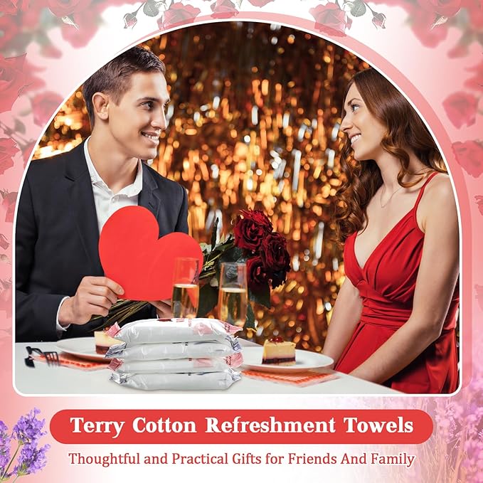 Timgle 50 Pcs Moist Towelettes Individually Wrapped Scented Disposable Face Towels Essential Oil Infused Moist Terry Cotton Towel for Use Hot or Cold Travel Body Spa(Rose, Lavender)