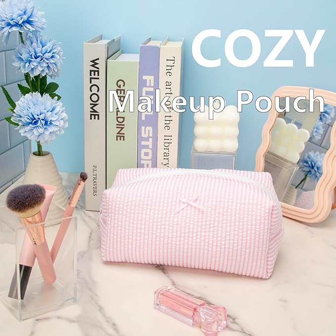 6PCS Cozy Makeup Bag SET Travel Cosmetic Bag for Women Soft Toiletry Bag Aesthetic Makeup Organizer Portable Large Zipper Pouch for Skincare Beauty Accessories Brushes Stripe Pink