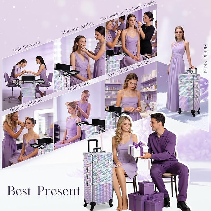 Stagiant Rolling Makeup Case Cosmetology Case on Wheels 4 in 1 Makeup Travel Case Extra Large Cosmetic Box with Key Make Up Artist Traveling Storage Nail Case Salon Barber Cart Trunk Pinkish Purple