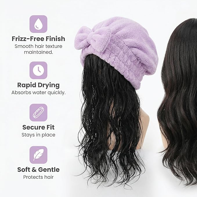 Microfiber Hair Towel Wrap for Women, Quick Drying Anti Frizz Hair Turban with Bow, Super Absorbent Hair Drying Cap for Curly Thick Damaged Hair, Lightweight Travel Essential (One Coffee + One Green)