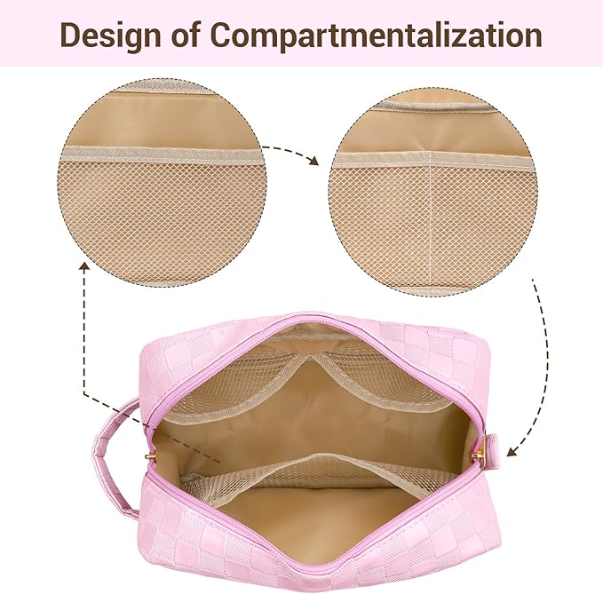 MAGEFY Makeup Bag, Checkered Travel Cosmetic Bag with Handle Leather Makeup Pouches for purse Make Up Bag Cute Makeup Bags for Women,Pink