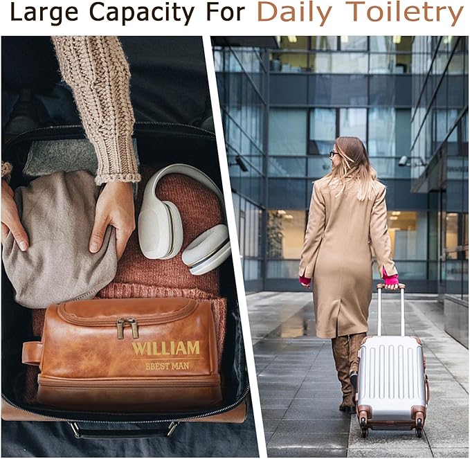 Flycalf Personalized Toiletry Bag for Men Leather Toiletries with Hanging Hook Shaving Bag Bathroom Organizer Leather Engraved Text Shower Toiletries