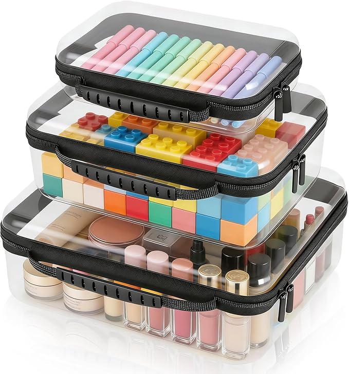 3 Pack Clear Hard Shell Zipper Case with Handle Waterproof Plastic Storage Pouches for Toiletry Makeup Cosmetic Toys Art Supplies Case Bag Organizer Travel