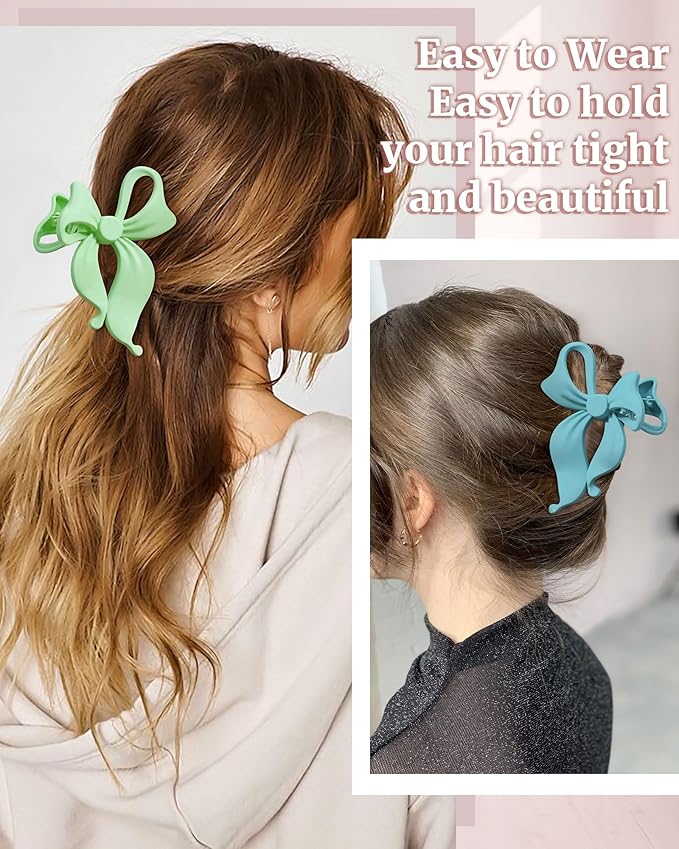 Mesovor 4 pack Cute Bow Claw Clip for Women, Nonslip Large Matte Strong Hold Bows Hair Clips for Thin and Thick Hair | Chic Hair Styling Accessories (4.1" Navy, Blue, Light Green, Pink)