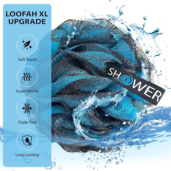 SHOWER BOUQUET Loofah-Charcoal Bath-Sponge XL-4-Pack-Blue-Green // Extra Large 75g Soft Mesh Color & Black Lufa Loofa Loufa Puff Set/Exfoliating Body Scrubber for Women and Men - Exfoliate & Soothe