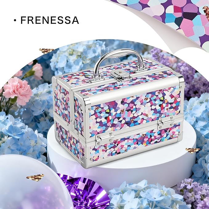 FRENESSA Makeup Train Case Makeup Box Organizer Portable Cosmetic Travel Case Makeup Case with Mirror Locking Make Up Cases Organizers and Storage for Nail Supplies Hard Cosmetic Box Purple