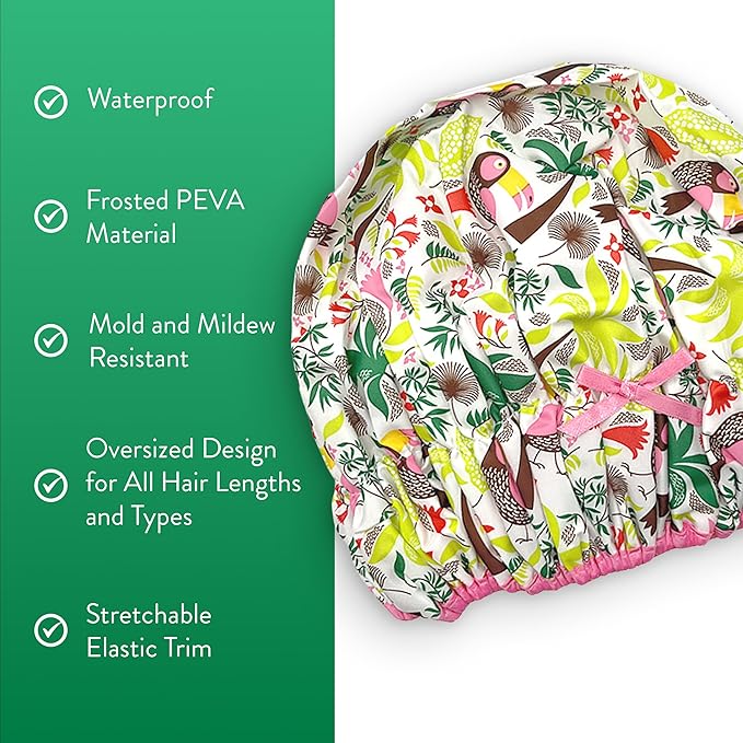 Reusable Bath & Shower Cap Lined, Oversized Waterproof Shower Caps Large Designed for all Hair Lengths with PEVA Lining & Elastic Band Stretch Hem Hair Hat - Fashionista Tropical