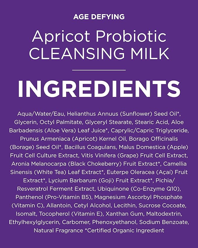 Andalou Naturals Age Defying Apricot Probiotic Cleansing Milk | Gentle Daily Hydrating Face Cleanser For Dry,Dehydrated Skin| With Fruit Stem Cell Complex | 6 fl oz,(Pack of 2)