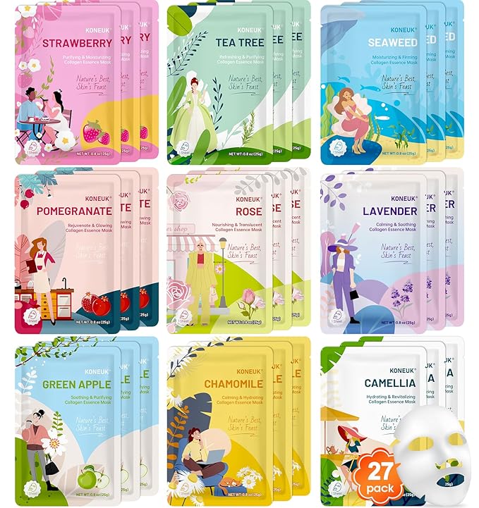 27 Pack Collagen Sheet Face Masks Skincare for Women, Bulk Hydrating Face Mask Set for Dry Skin, Moisturizing Facial Masks for Skin Care, Easter Basket Stuffers, Mothers Day Gifts, Teacher Gifts