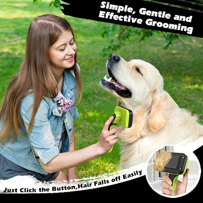 3PCS Self Cleaning Slicker Brush & Pet Grooming Rake & Flea Comb for Dogs,Cats and Horses | Double-Sided Dematting Comb & Skin Friendly Deshedding Grooming Tool (Green)