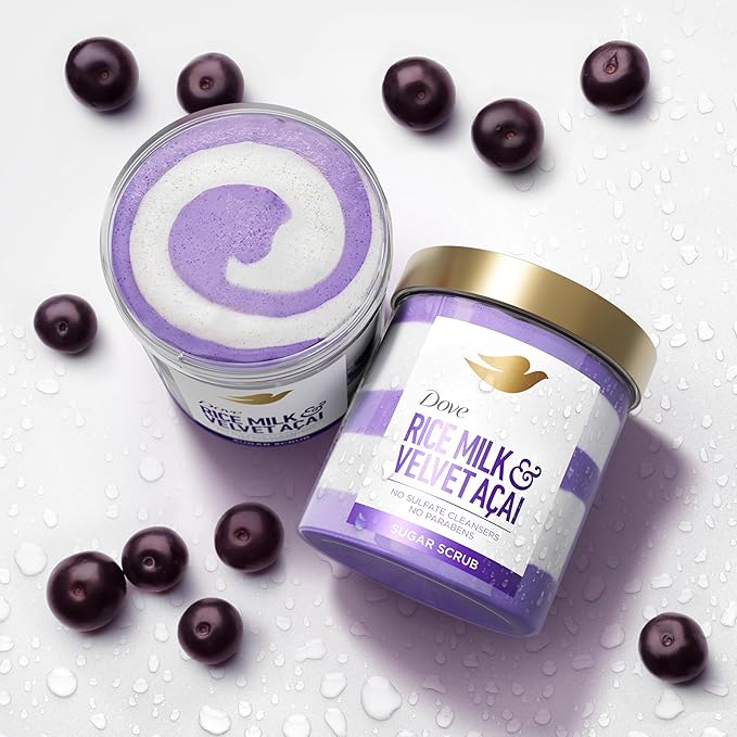 Dove Sugar Body Scrub Velvet Acai & Rice Milk For Women For Exfoliated & Hydrated skin 15 OZ