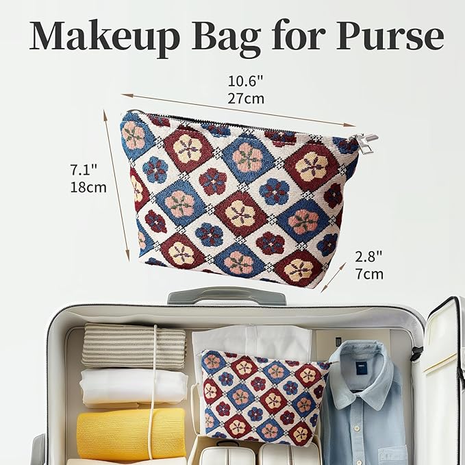 Vintage Floral Cosmetic Bag for Women, Makeup Pouch for Purse, Elegant Toiletry Organizer for Mature Ladies & Moms, Classic Pattern, Small Travel Zipper Bag
