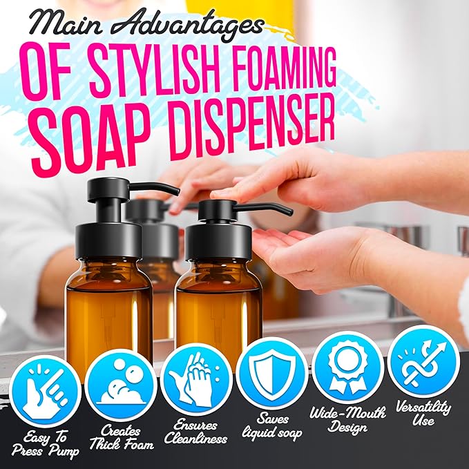2 Pcs Amber Foaming Soap Dispenser Glass - 8.5 Oz Stylish Foam Pump Bottle for Bathroom or Kitchen Use - Compatible with Hand Wash, Dish Liquid, Shampoo and Gel | Non-Slip Bottom, 6 Label Stickers