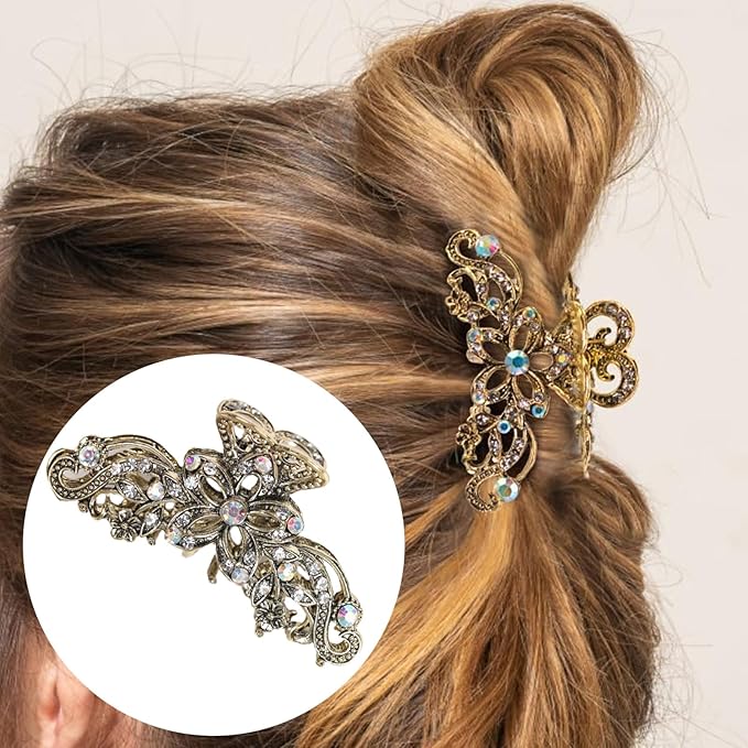 Fancy Hair Claw Jaw Clips Pins For Womens, Vintage Rhinestone Crystal Flowers Hair Barrette for Thick Hair Accessories White Silver
