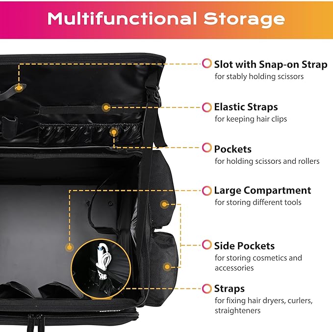 BYOOTIQUE Rolling Makeup Train Case Soft Sided Travel Cosmetic Organizer Storage 1680D Nylon Fabric Trolley Suitcase Mobile Barber Station, Black