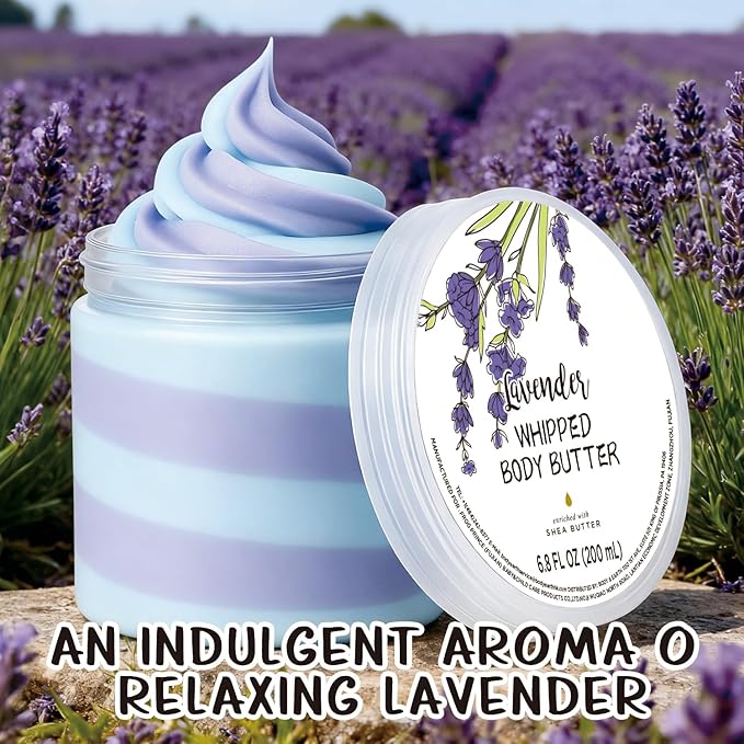 Lavender Whipped Body Butter, Shea Body Butter for Wome Dry Skin, Natural Lavendera Lotion for Body Moisturizer-Deep Moisturizing and Softening-6.8 floz(200ml)