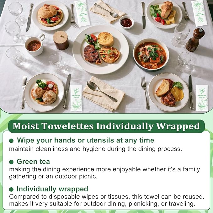 Moist Cotton Towel Bulk Moist Towelettes Individually Wrapped,White Towel Services,Refreshment Pre Moistened Towels for Dentist Travel Sport Party Hotel 100，Green tea