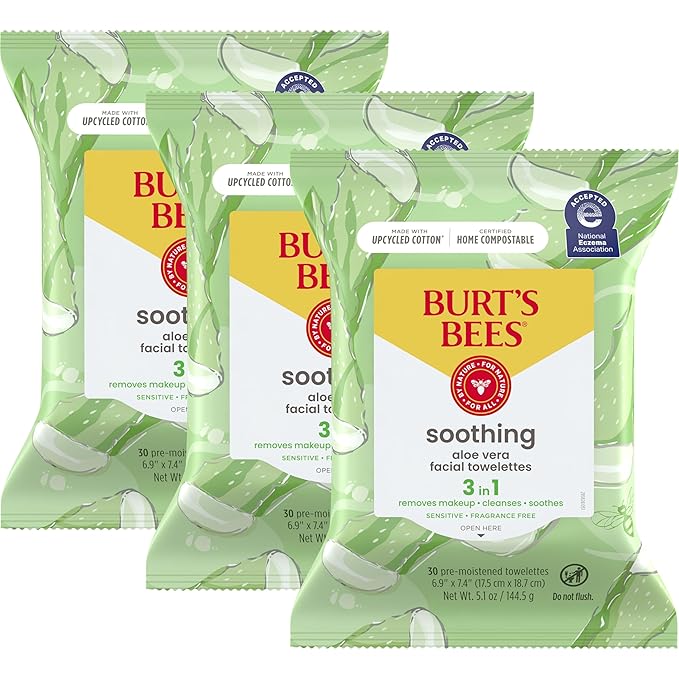 Burt's Bees Aloe Vera Face Wipes, for Sensitive Skin, Soothing Makeup Remover & Facial Cleansing Towelettes, 30 Ct. (18-Pack)