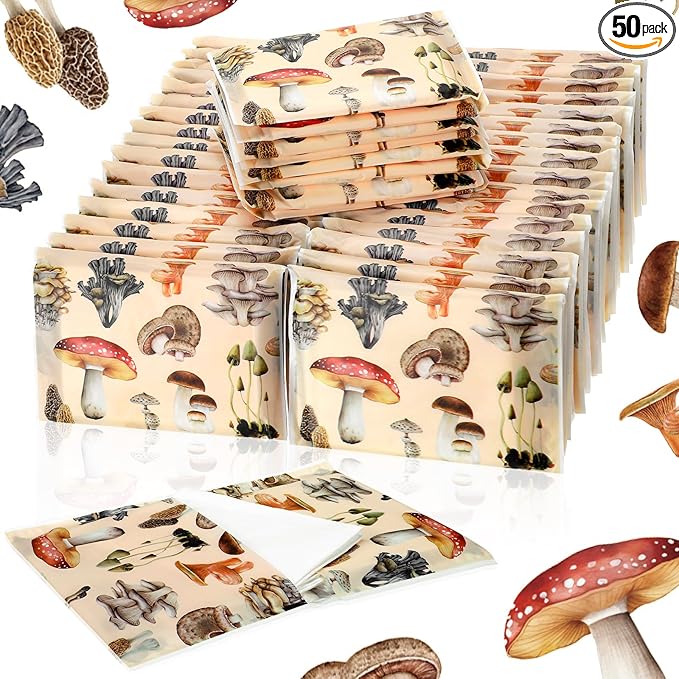 Geyee 50 Packs Tissue Travel Size Facial Paper Napkins Travel Packs Disposable Pocket Tissues for Wedding Guest Traveling School Purse Home Supplies, 500 Sheets 3 Ply(Mushroom)