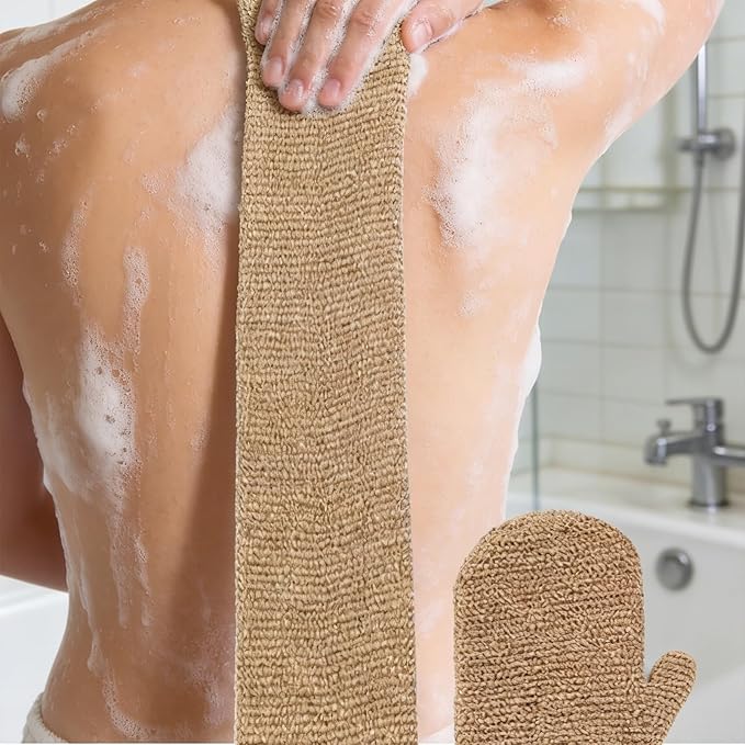 Hemp Exfoliating Back Scrubber Strap and Mitt Set, 2 in 1 Bath Body Loofah Scrubber, Anti-Slip Shower Exfoliator for Men and Women, Durable Eco-Friendly Skin Cleansing Tool for Spa and Bath