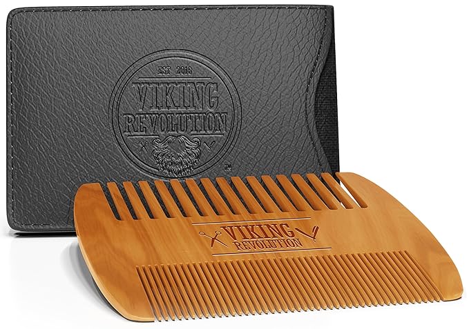 Wooden Beard Comb & Case, Dual Action Fine & Coarse Teeth, Perfect for use with Balms and Oils, Top Pocket Comb for Beards & Mustaches by Viking Revolution