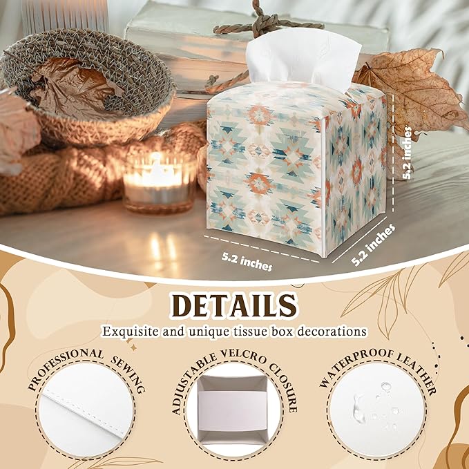 Southwestern Aztec Design Tissue Box Cover - Vintage PU Leather Waterproof Tissue Holder - Facial Paper Organizer for Home Bathroom Office - Desk Decorative Dispenser Box-B04