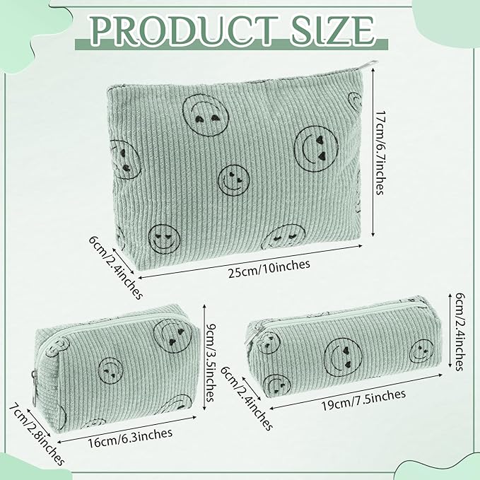 3 Pcs Makeup Bag Set for Women Corduroy Cosmetic Pouch Aesthetic Smile Travel Toiletry Bag Cute Purse Pouch Pencil Case Makeup Brushes Storage Organizer with Zipper(Green,Smile Face)
