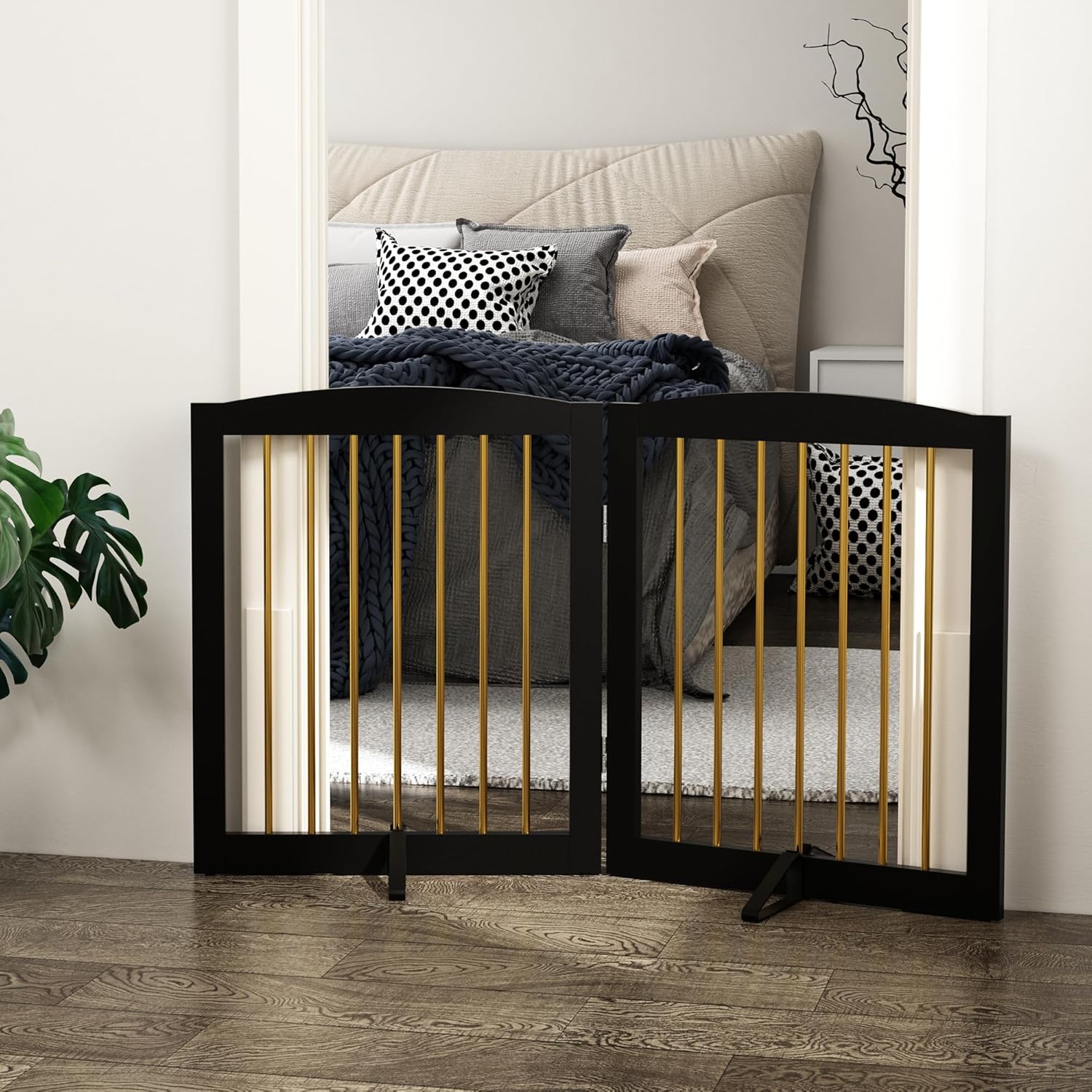 Freestanding Pet Gate for Dogs, Foldable Wooden Dog Gate for House, Stairs, Doorways, Step Over Pet Puppy Safety Fence,Support Feet Included,24" Height 2 Panels, Black&Gold