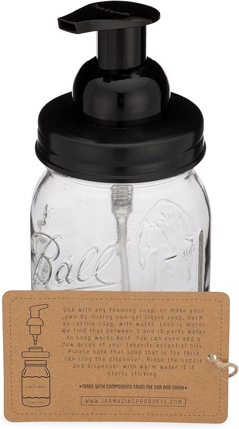 Jarmazing Products Mason Jar Foaming Soap Dispenser - Black - with 16 Ounce Ball Mason Jar - One Pack!