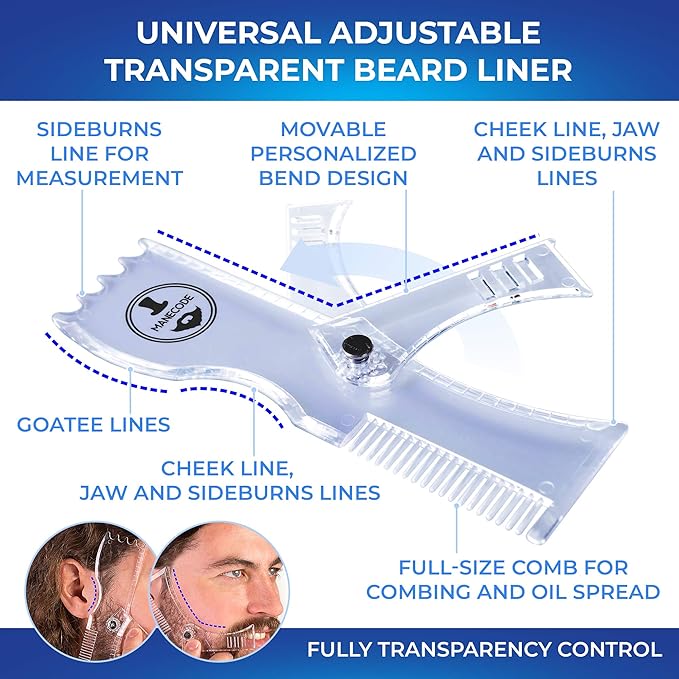 Beard Shaping Kit - Grooming Tools for Men - Adjustable Lineup Template, Premium Wooden Comb, Laser Sharpening Scissors, All in Hygiene Travel Case