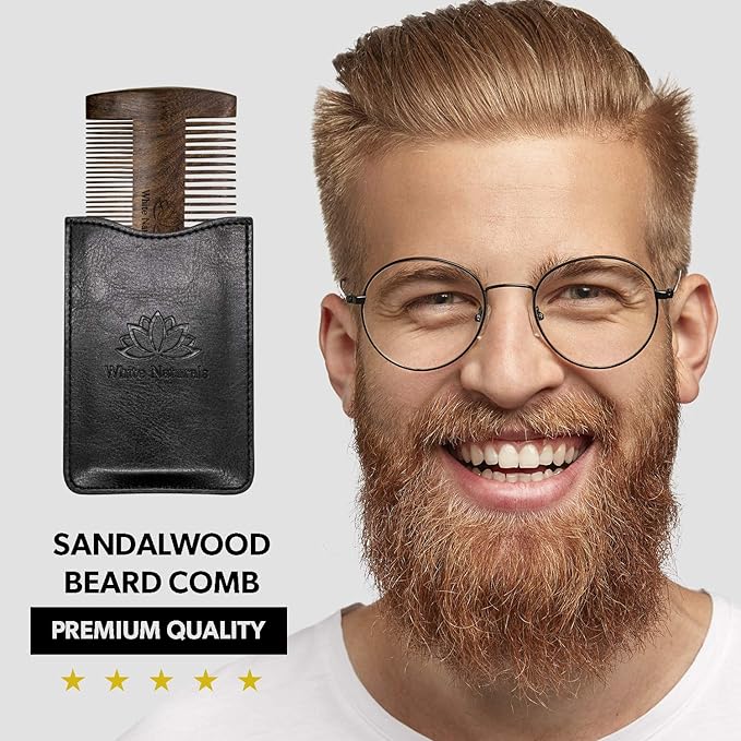 White Naturals Beard Comb for Men, Wooden Natural Sandalwood, Fine Dual Action Teeth, Handmade Premium Sandal Wood, Perfect for Balms and Oils, Includes PU Leather Case, Pocket Size