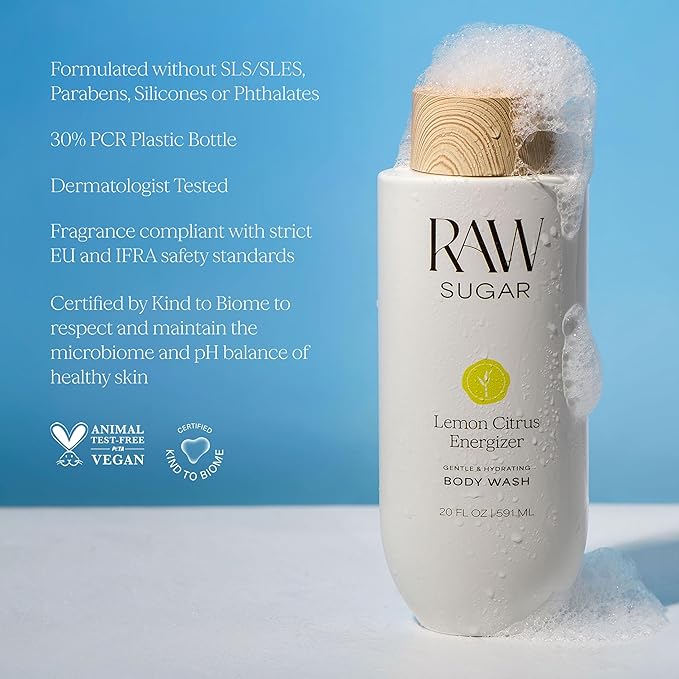 RAW SUGAR Lemon Citrus Energizer Gentle & Hydrating Body Wash, 20 Fl Oz (Pack of 1), Moisturizing & Energizing Bath & Shower Gel, Vegan, Formulated without SLS/SLES & Parabens