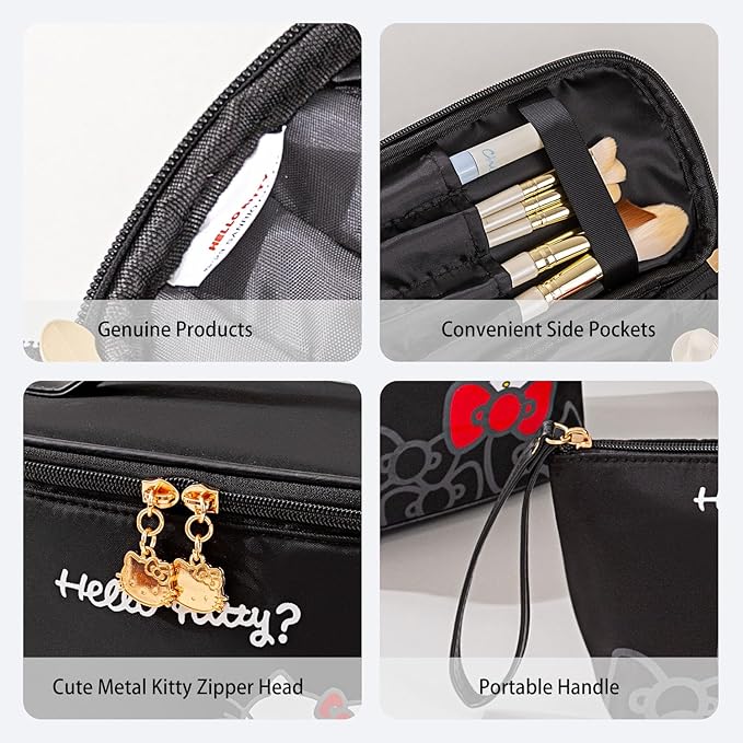 Vimanllie Travel Makeup Bag Large Cosmetic Bags with Brush Holder,Black Waterproof 2PCS Portable Cosmetic Case for Women,Toiletry Bag for Skincare&Beauty Tools for Her