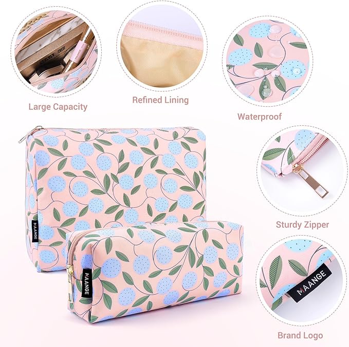 MAANGE 2PCS Makeup Bag for Women, Cosmetic Bag Set, Portable Travel Makeup Bag, Bolsa de Maquillaje, Impermeable Oxford Cloth Make Up Organizer with Gold Zipper(Pink Plants)