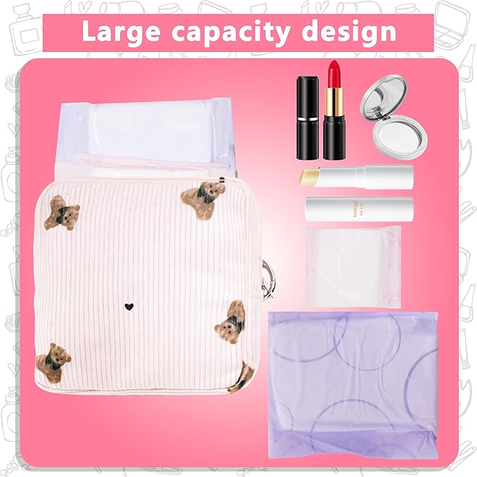 Period Bag for Girls, Corduroy Sanitary Napkin Storage Bag, Period Pouch & Tampon Holder, Feminine Care Organizer（Pink Bear）