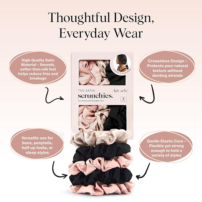 Kitsch Satin Scrunchies for Women - No Crease, Frizz Control | Softer Than Silk Scrunchies Gentle On Hair Scrunchies for All Hair Types | Stylish Hair Accessories College Essentials - Assorted, 5pcs