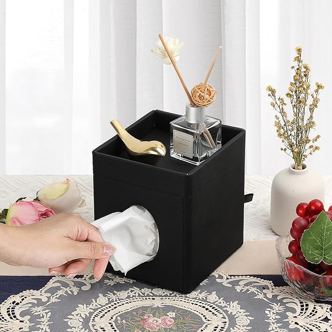 Sumnacon Square Tissue Box Cover with Storage Tray, Decorative Cube Tissue Holder PU Leather Facial Tissues Organizer Stylish Modern Tissue Dispenser for Bathroom Toilet Tank Vanity Dresser Table
